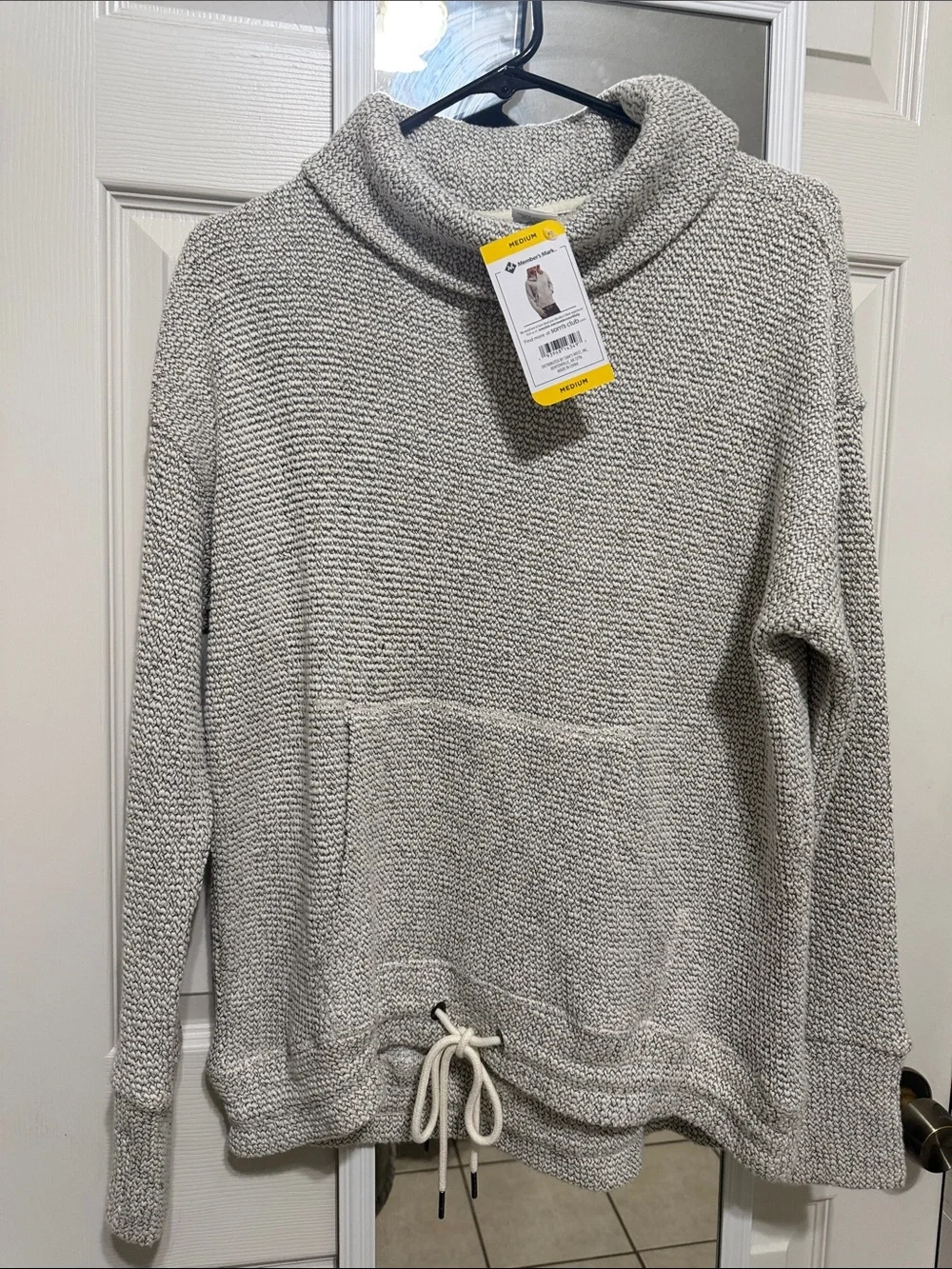 Women's Cream Cowl Neck Knit Pullover with Drawcord Hem & Thumbholes